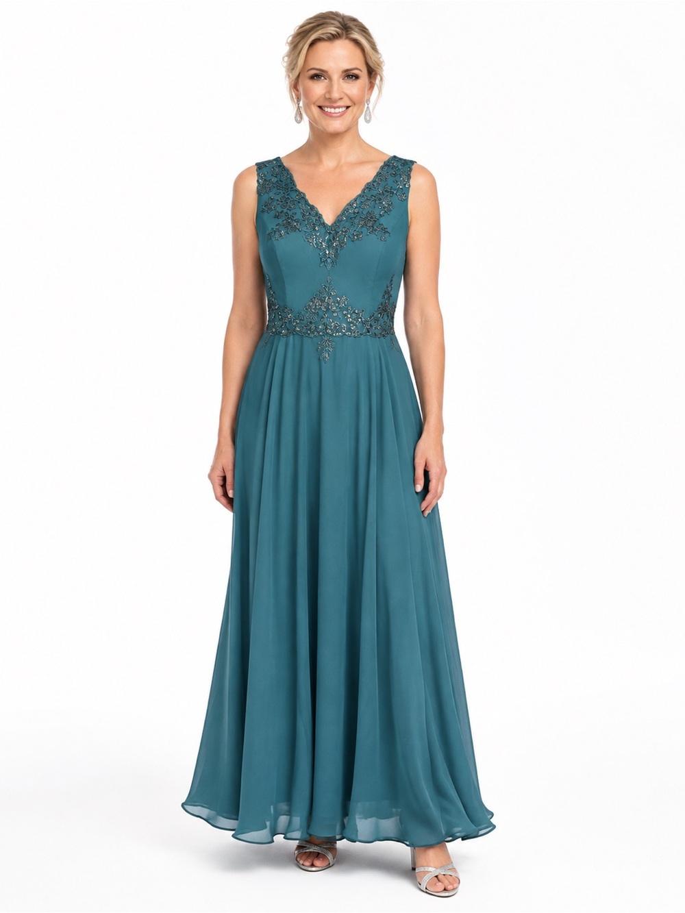 NWT Teal Sequin Lace V-Neck Formal Maxi Dress Evening Gown size 7
